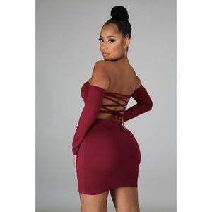 Burgundy Off Shoulder Lace Up Bodycon Dress